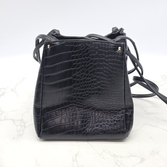 London Fog Crossbody Bag Coco Crocodile Embossed Black Vegan Leather Satchel - Picture 5 of 13